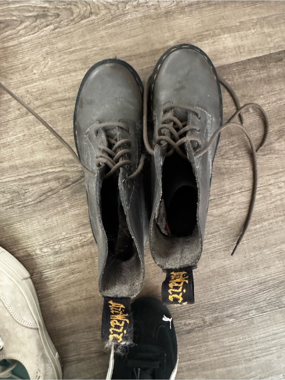 Dr. Martens Gray Lace-Up Leather Boots with Yellow Stitching Pull-Tab
